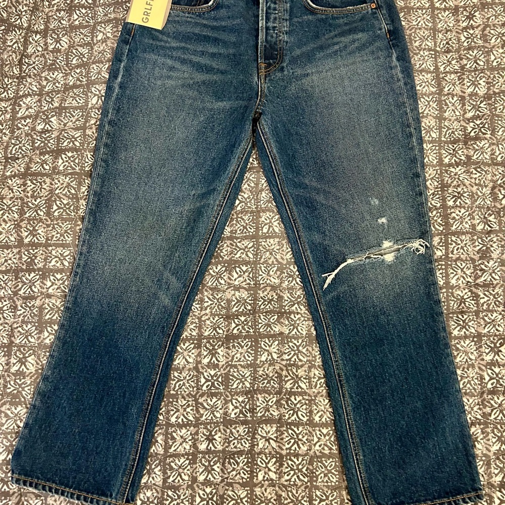 GRLFRND High Rise Straight  Crop Jeans with Distressed Details